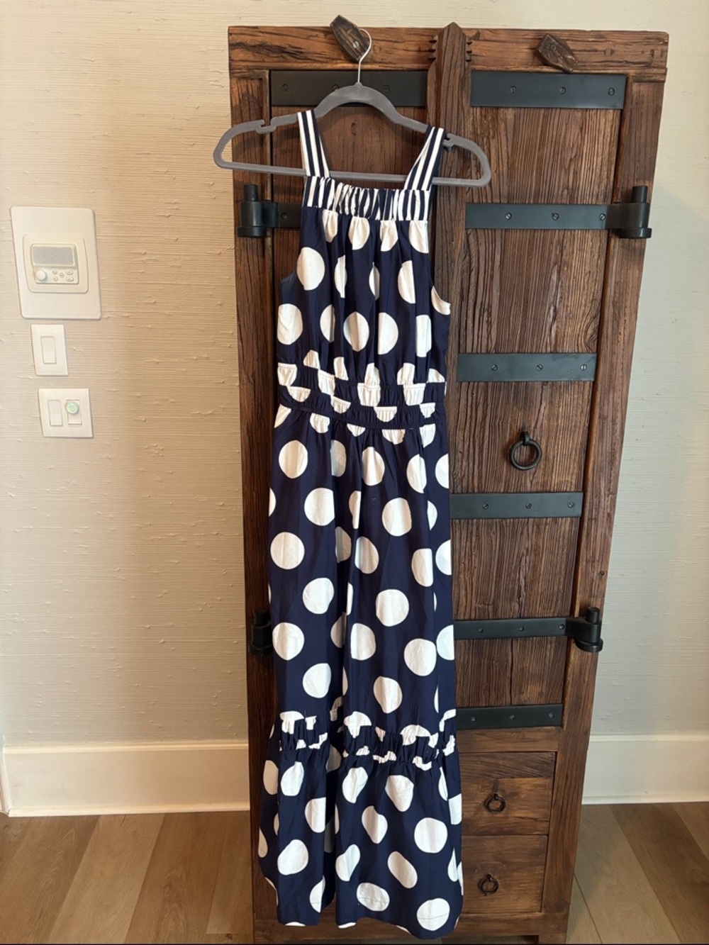 Anthropologie Navy Polka Dot Maxi Sundress with Strappy Shoulders